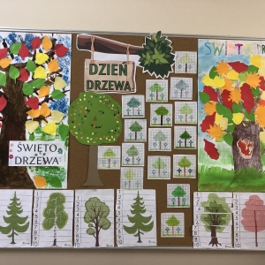 Gazetka ścienna prezentująca prace uczniów – drzewa.